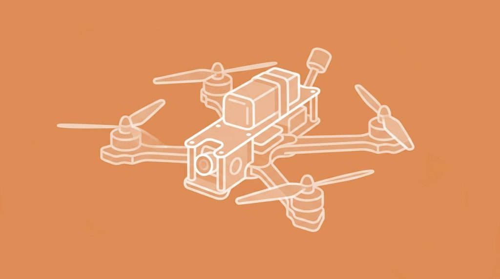 A vector image of a drone on an orange background. Created for the article "Drone Names"