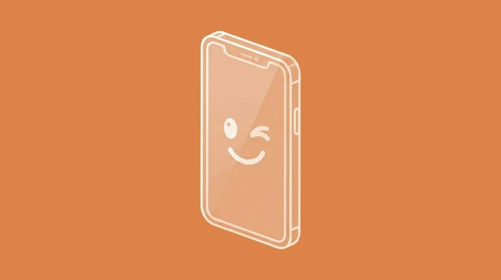 A smiling smartphone on an orange background. For the article "Phone Names"
