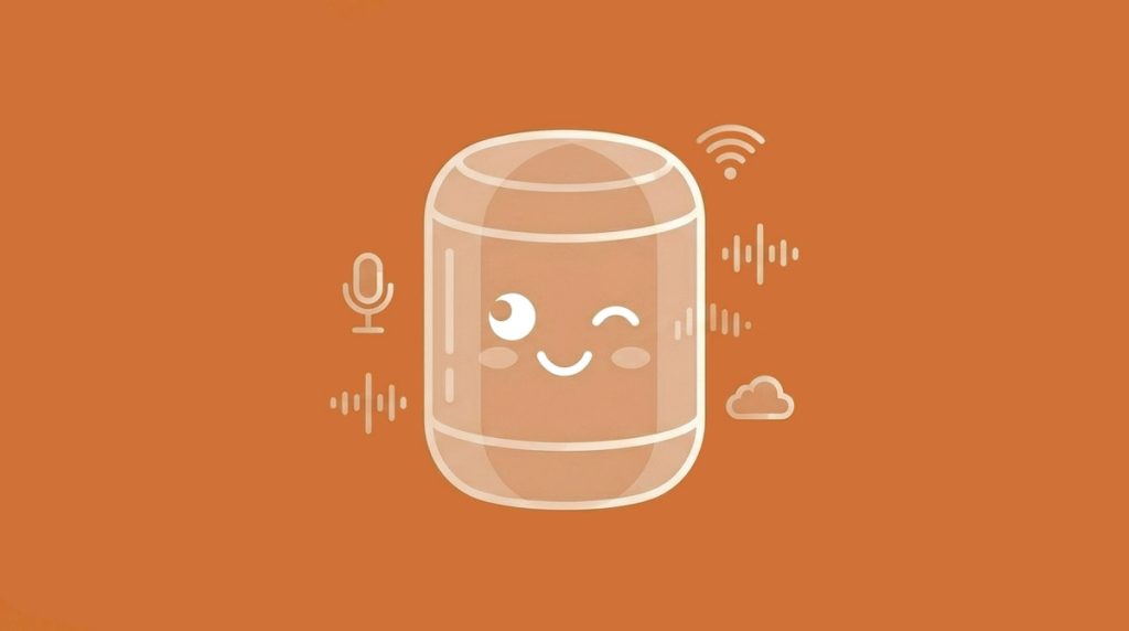 A cute smart speaker—a graphic image on an orange background. Created specifically for the article "Smart Speaker Names."